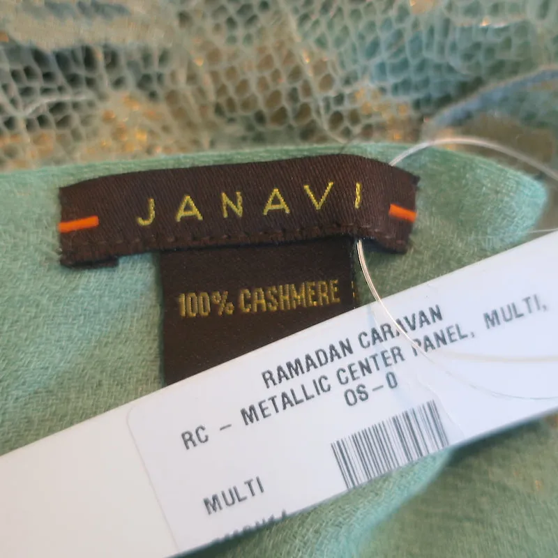 Janavi Metallic Lace-Paneled Cashmere Shawl Scarf Mint/Gold NEW