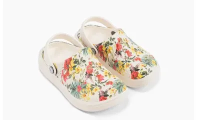 Joybees Girls Varsity Clog Graphic Bone Tropical Flora