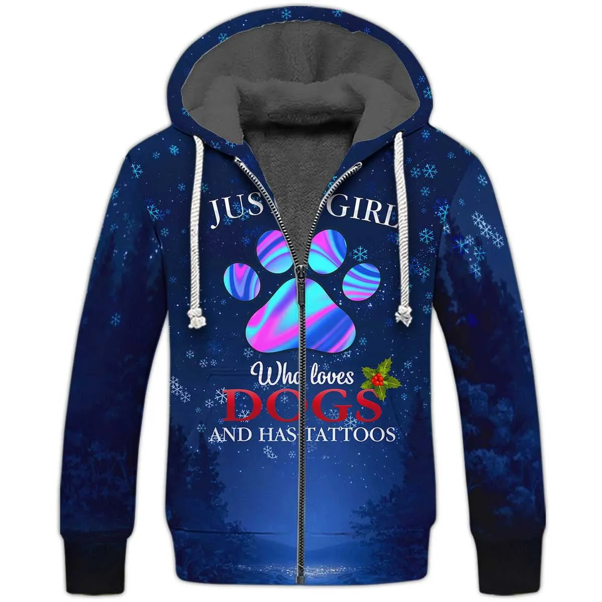 Just A Girl Who Loves Dogs And Has Tattoos Fleece Zipper, Dog Fleece Zipper For Humans