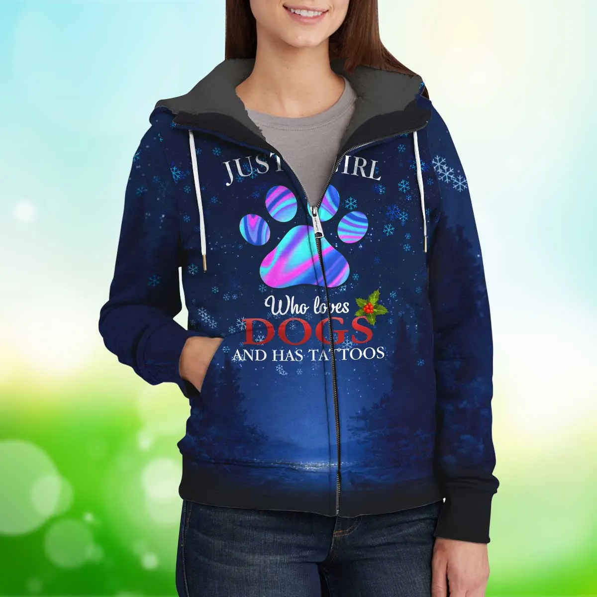 Just A Girl Who Loves Dogs And Has Tattoos Fleece Zipper, Dog Fleece Zipper For Humans