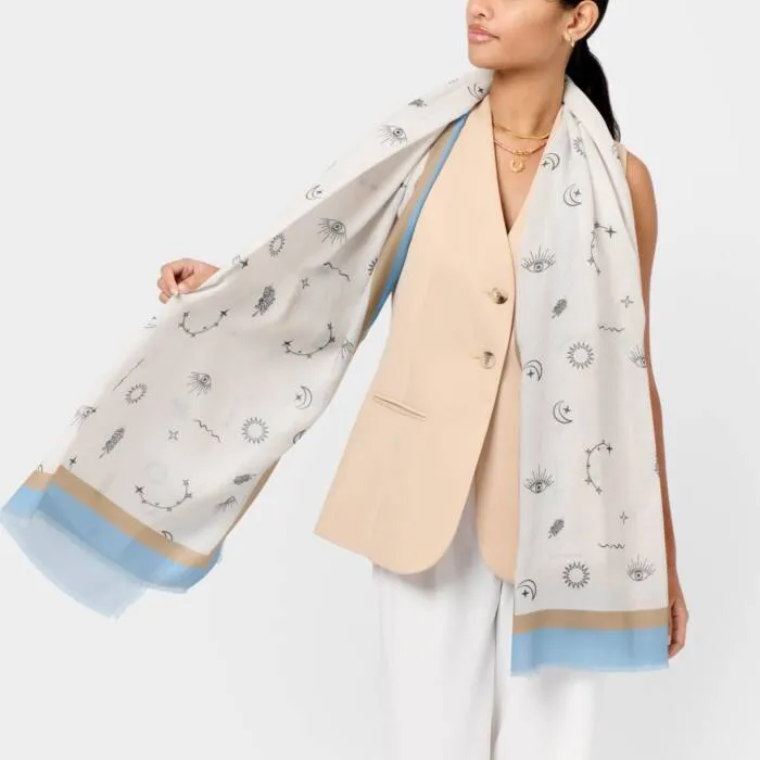 Katie Loxton Off White, Blue & Taupe Boho Celestial Printed Scarf