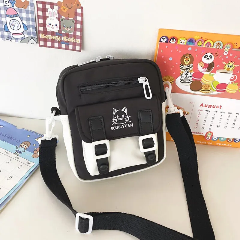 Kawaii Cartoon Cat Embroidery Bag For Women New 2023 Student Small Crossbody Bag Nylon Messenger Bag Phone Bag and Purse Bolso