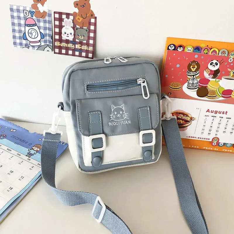 Kawaii Cartoon Cat Embroidery Bag For Women New 2023 Student Small Crossbody Bag Nylon Messenger Bag Phone Bag and Purse Bolso