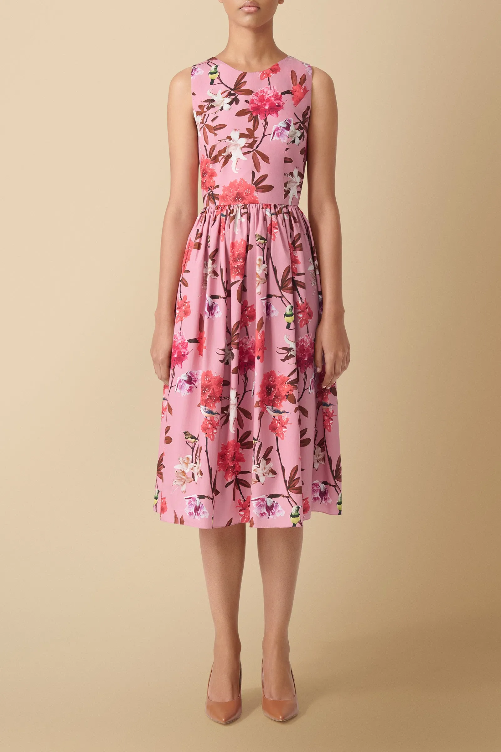 Kerubo Open Back Pink Floral Print Midi Dress