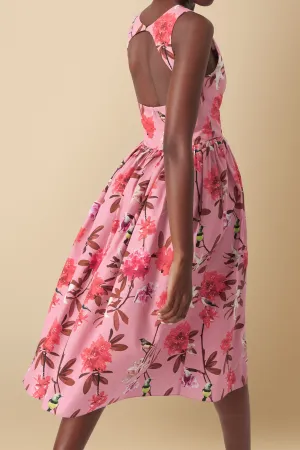 Kerubo Open Back Pink Floral Print Midi Dress