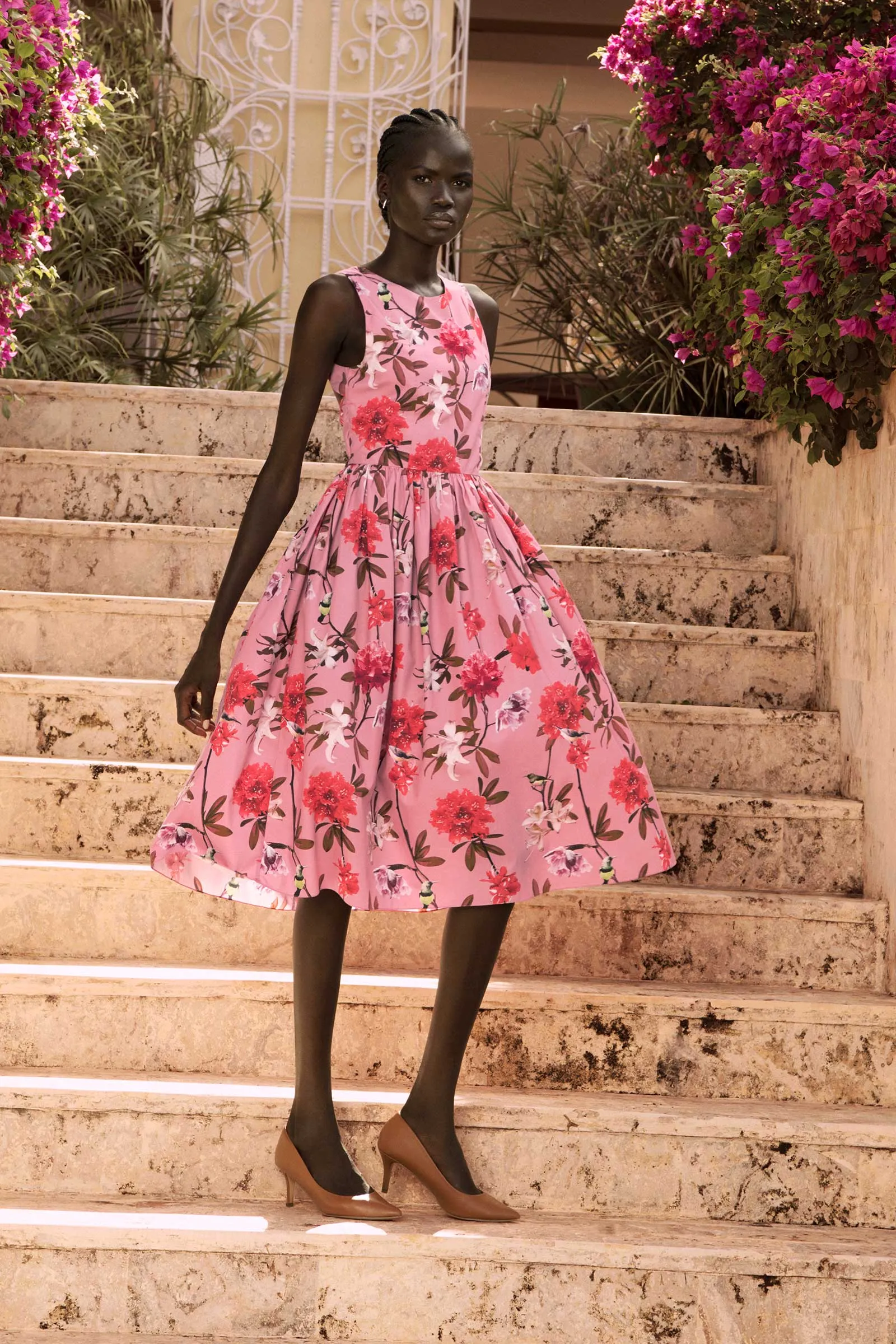 Kerubo Open Back Pink Floral Print Midi Dress