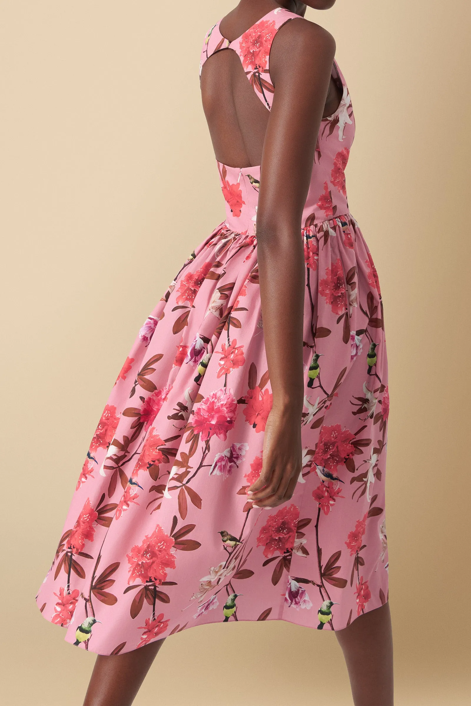 Kerubo Open Back Pink Floral Print Midi Dress