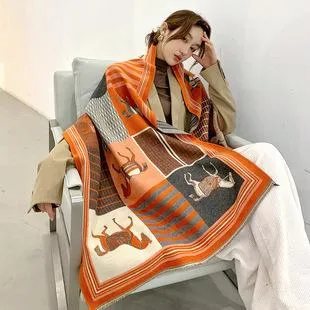 Korean Style New Contrast Color Warm Scarf Fashionable Western Style Gift Giving Long Shawl Women's Silk Blended Scarf