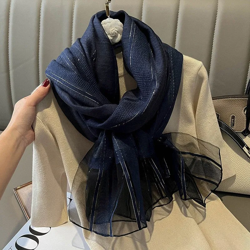Korean Style New Contrast Color Warm Scarf Fashionable Western Style Gift Giving Long Shawl Women's Silk Blended Scarf