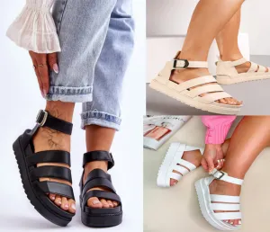 LADIES CHUNKY SOLE FLATFORM GLADIATOR STRAPPY SANDALS SHOES