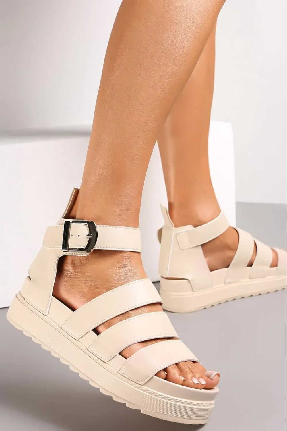 LADIES CHUNKY SOLE FLATFORM GLADIATOR STRAPPY SANDALS SHOES