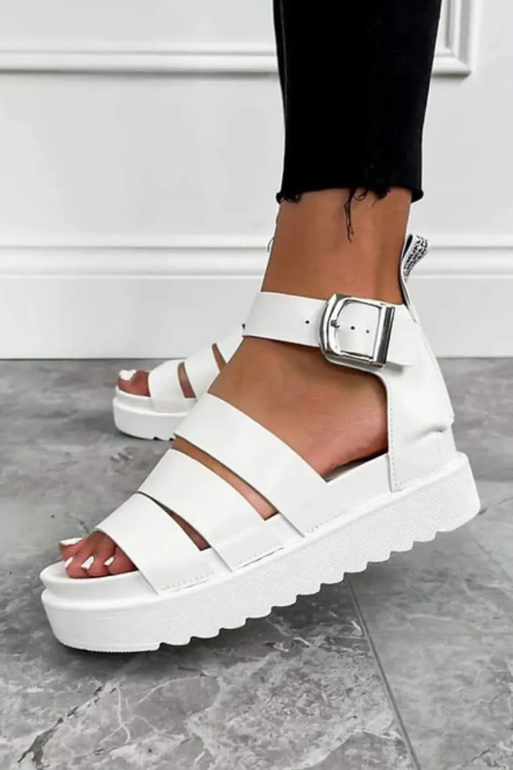 LADIES CHUNKY SOLE FLATFORM GLADIATOR STRAPPY SANDALS SHOES