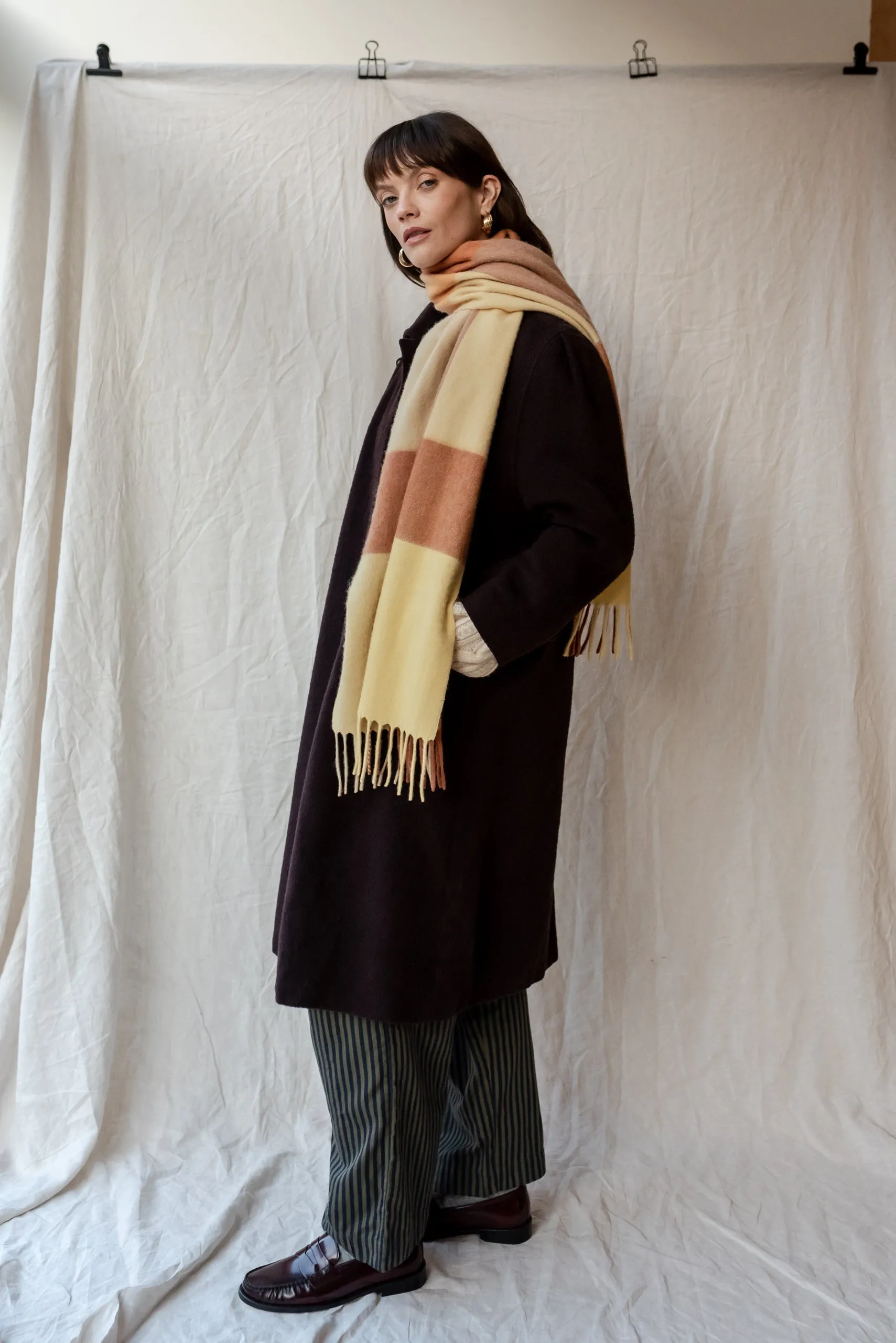 Lambswool Oversized Scarf in Buttermilk & Brown Block Check