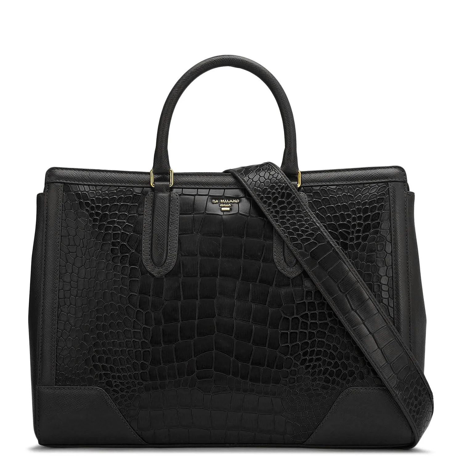 Large Croco Franzy Leather Satchel - Black