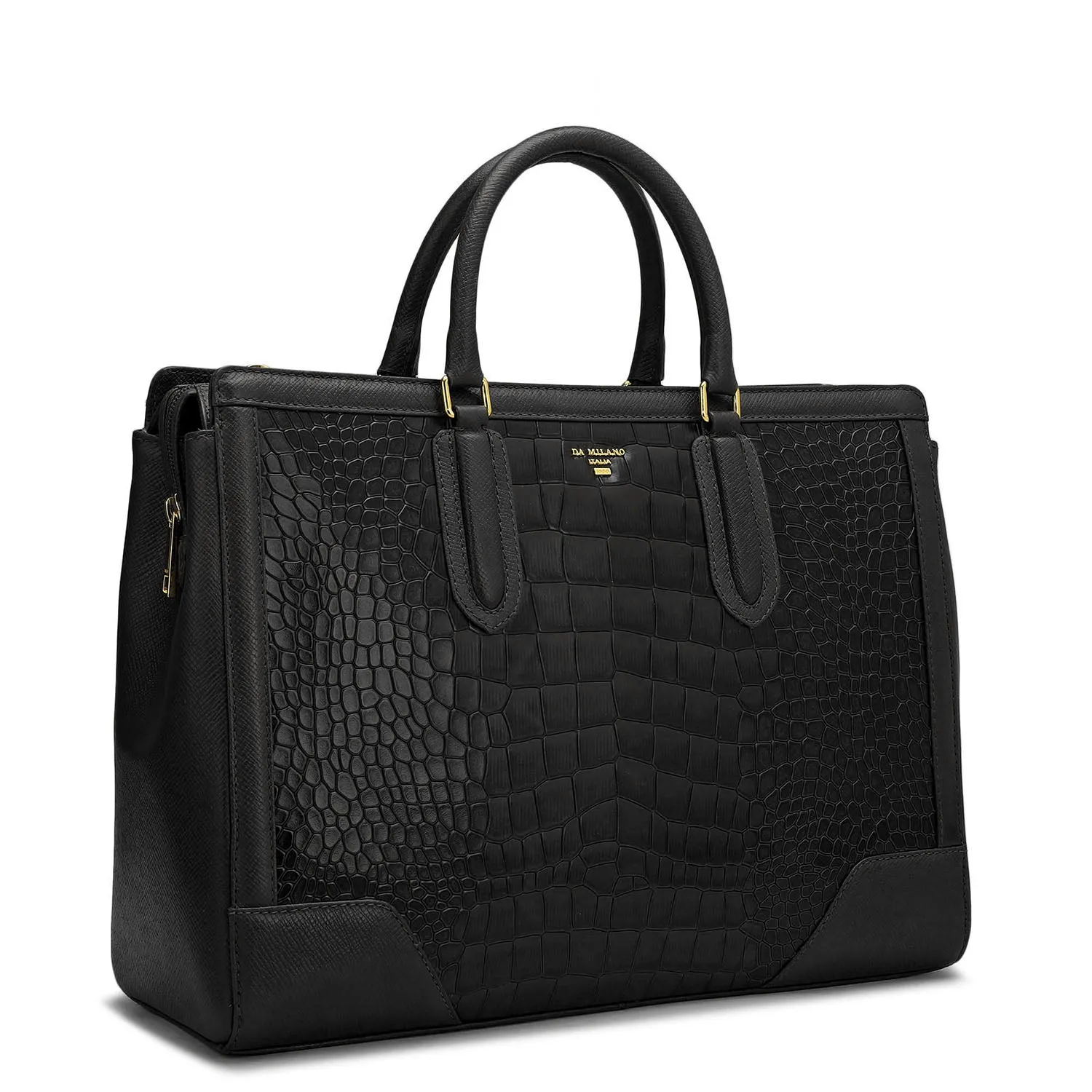 Large Croco Franzy Leather Satchel - Black