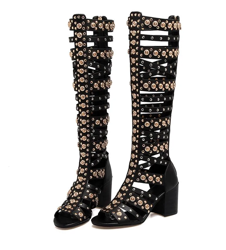 Latest Women Gladiator Sandals Fashion Rivet Summer Long Boots Open Toe Real Leather Hollowed out Designer Sandals