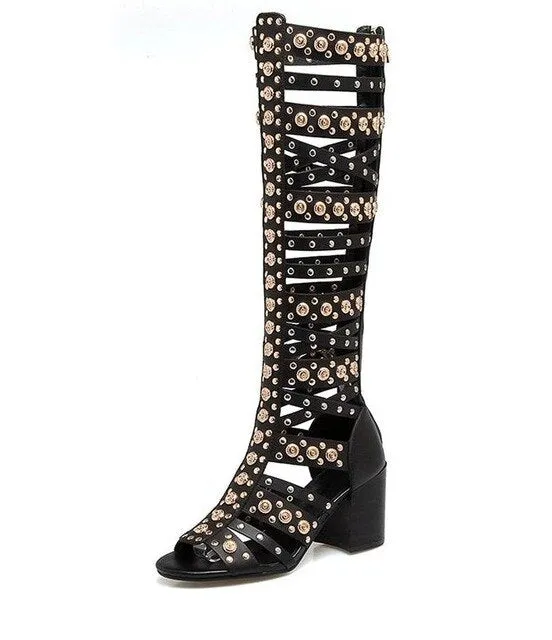 Latest Women Gladiator Sandals Fashion Rivet Summer Long Boots Open Toe Real Leather Hollowed out Designer Sandals