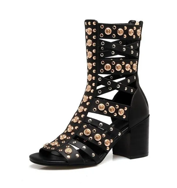 Latest Women Gladiator Sandals Fashion Rivet Summer Long Boots Open Toe Real Leather Hollowed out Designer Sandals