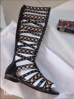 Latest Women Gladiator Sandals Fashion Rivet Summer Long Boots Open Toe Real Leather Hollowed out Designer Sandals