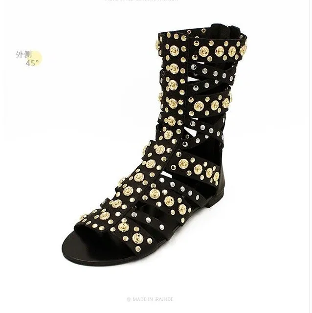 Latest Women Gladiator Sandals Fashion Rivet Summer Long Boots Open Toe Real Leather Hollowed out Designer Sandals