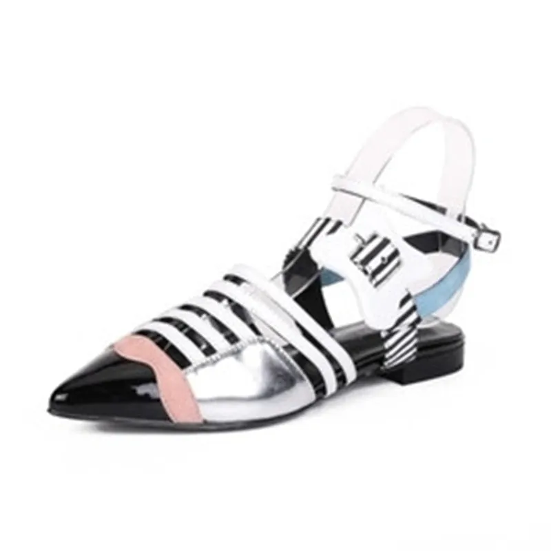 Leather Mixed Color Women Gladiator Sandals Pointed Toe Cut-Outs Buckle Flats Sandals Ladies Party Shoes Woman