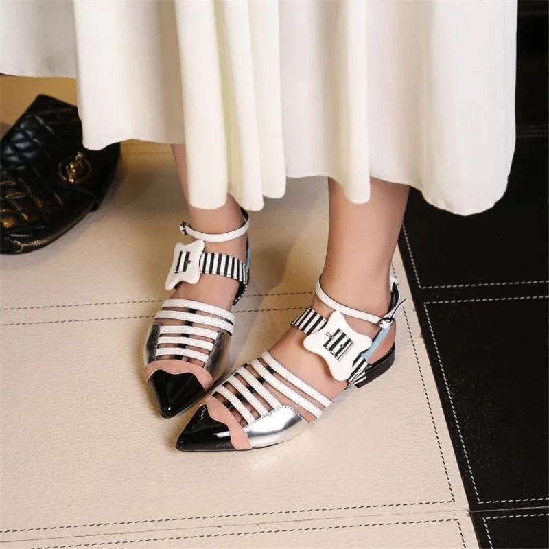 Leather Mixed Color Women Gladiator Sandals Pointed Toe Cut-Outs Buckle Flats Sandals Ladies Party Shoes Woman