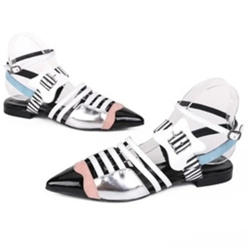 Leather Mixed Color Women Gladiator Sandals Pointed Toe Cut-Outs Buckle Flats Sandals Ladies Party Shoes Woman