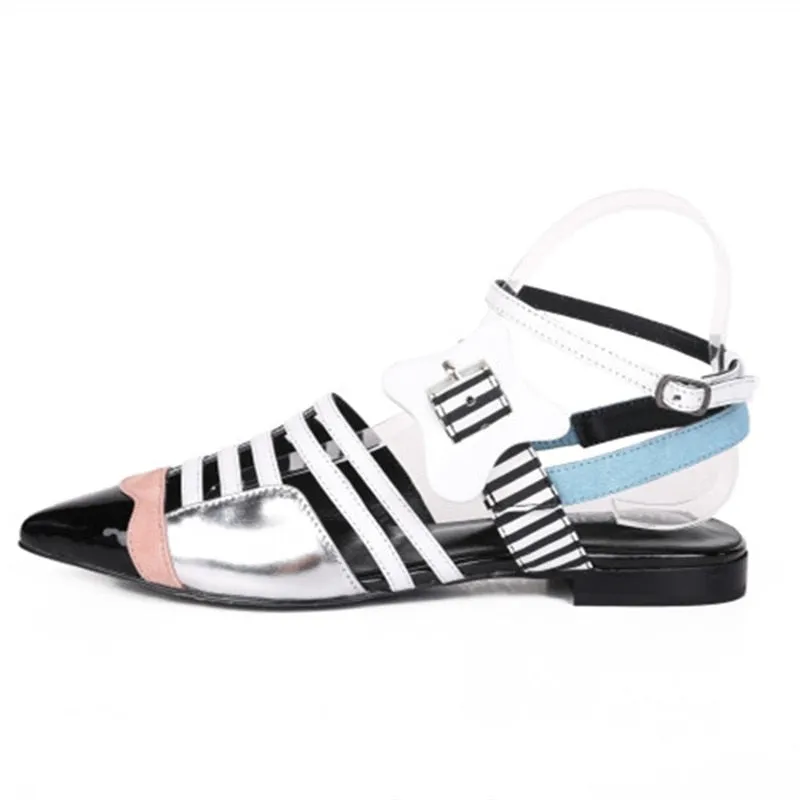 Leather Mixed Color Women Gladiator Sandals Pointed Toe Cut-Outs Buckle Flats Sandals Ladies Party Shoes Woman
