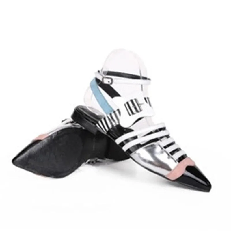 Leather Mixed Color Women Gladiator Sandals Pointed Toe Cut-Outs Buckle Flats Sandals Ladies Party Shoes Woman