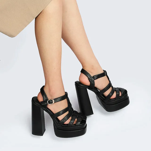 Leather Thick-soled Hollow Super High-heeled Sandals