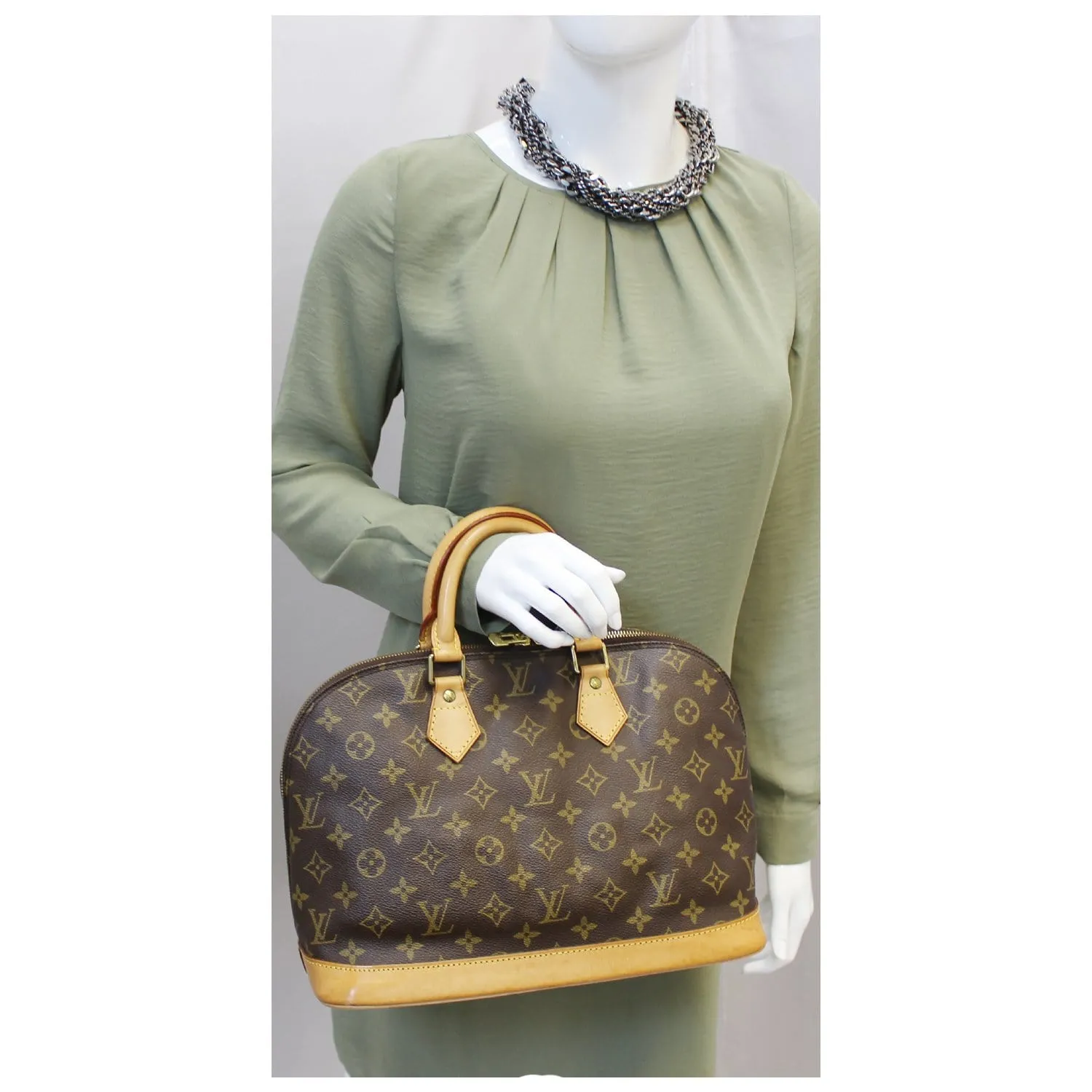 LOUIS VUITTON Alma Monogram Canvas Satchel Bag Brown