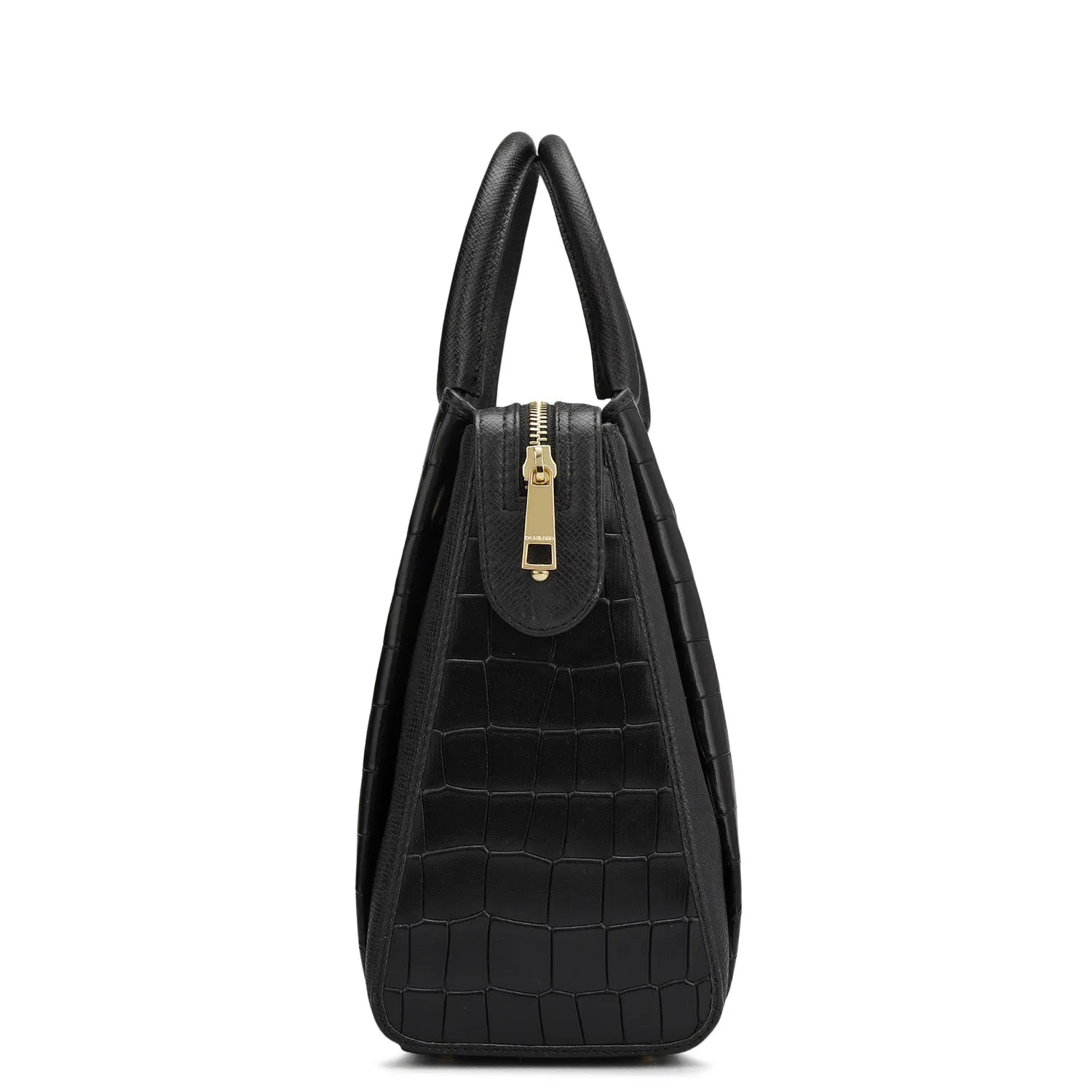 Medium Croco Leather Satchel - Black