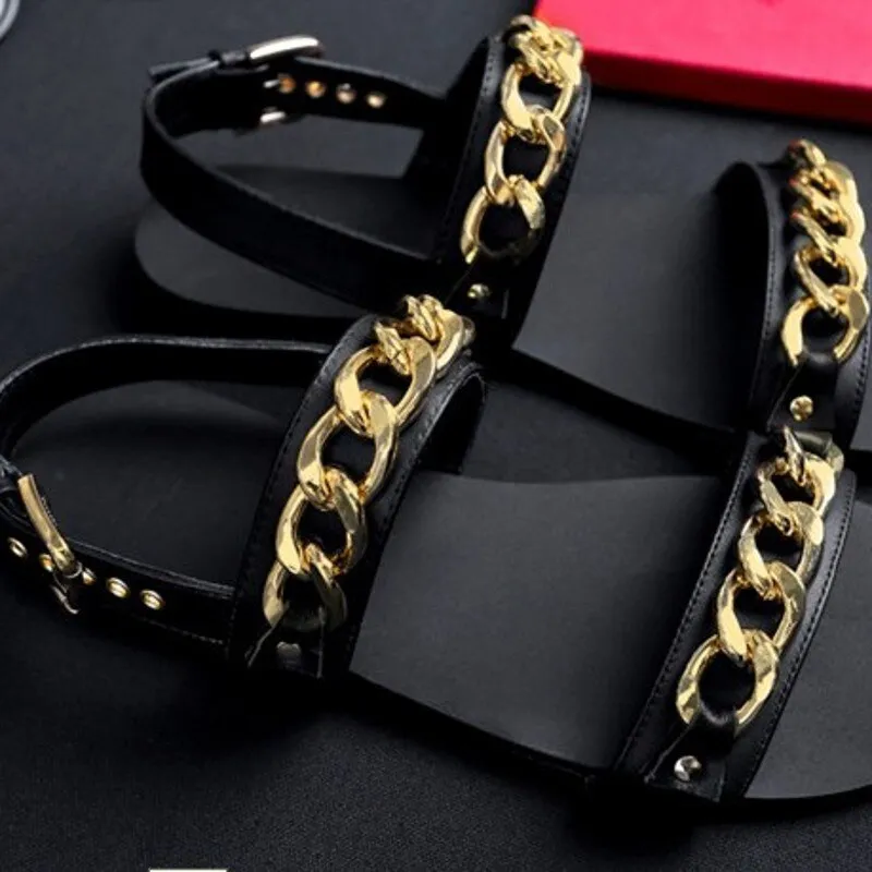 Mens  Chain Designer Cow Leather Sandals Outside Flats