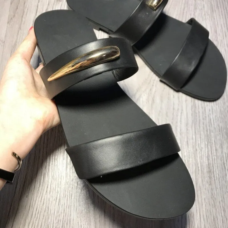 Mens  Chain Designer Cow Leather Sandals Outside Flats