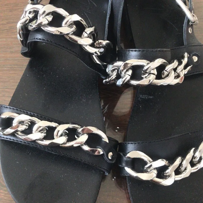 Mens  Chain Designer Cow Leather Sandals Outside Flats
