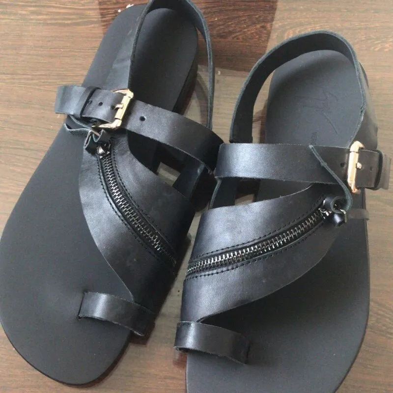 Mens  Chain Designer Cow Leather Sandals Outside Flats