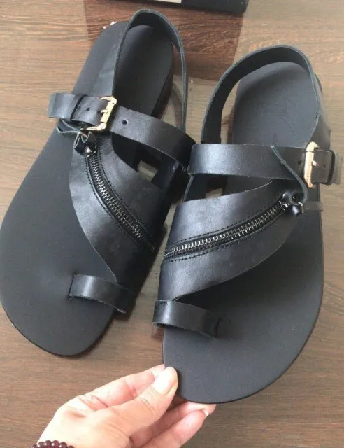 Mens  Chain Designer Cow Leather Sandals Outside Flats