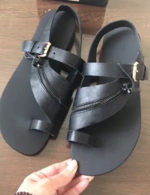 Mens  Chain Designer Cow Leather Sandals Outside Flats