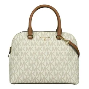 Michael Kors Cindy Medium Logo and Leather Satchel (Vanilla/Brown trim)