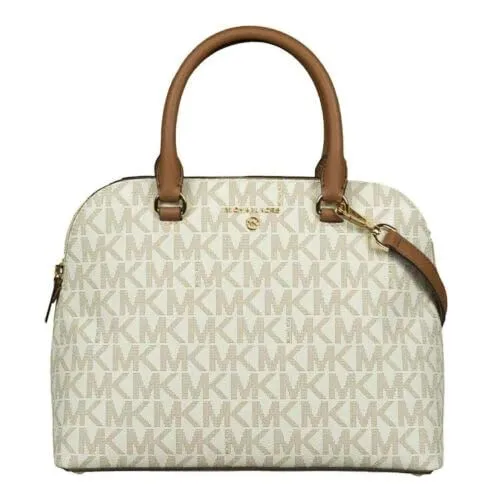 Michael Kors Cindy Medium Logo and Leather Satchel (Vanilla/Brown trim)