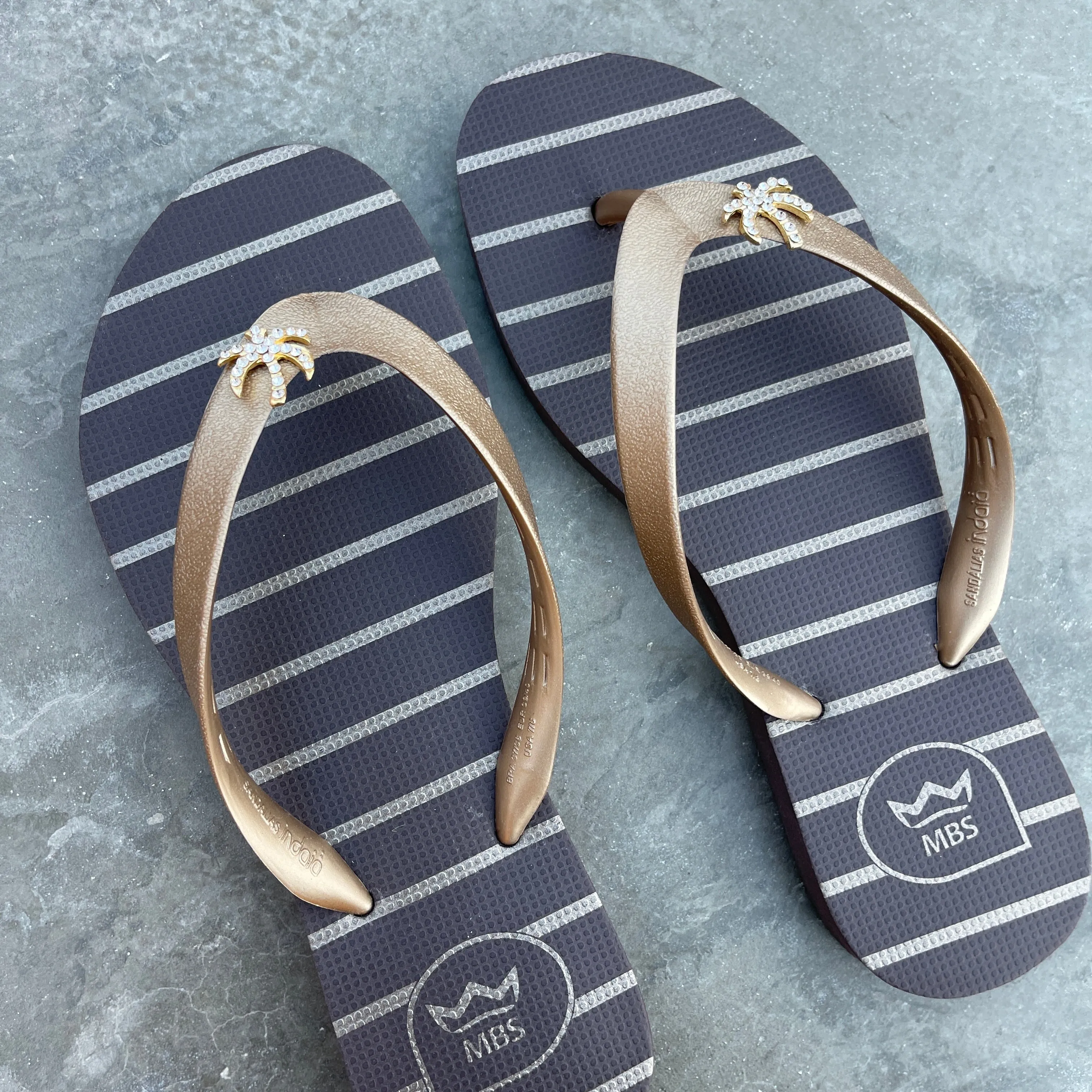 Natural Rubber Flip Flops Brown Gold Palm Tree