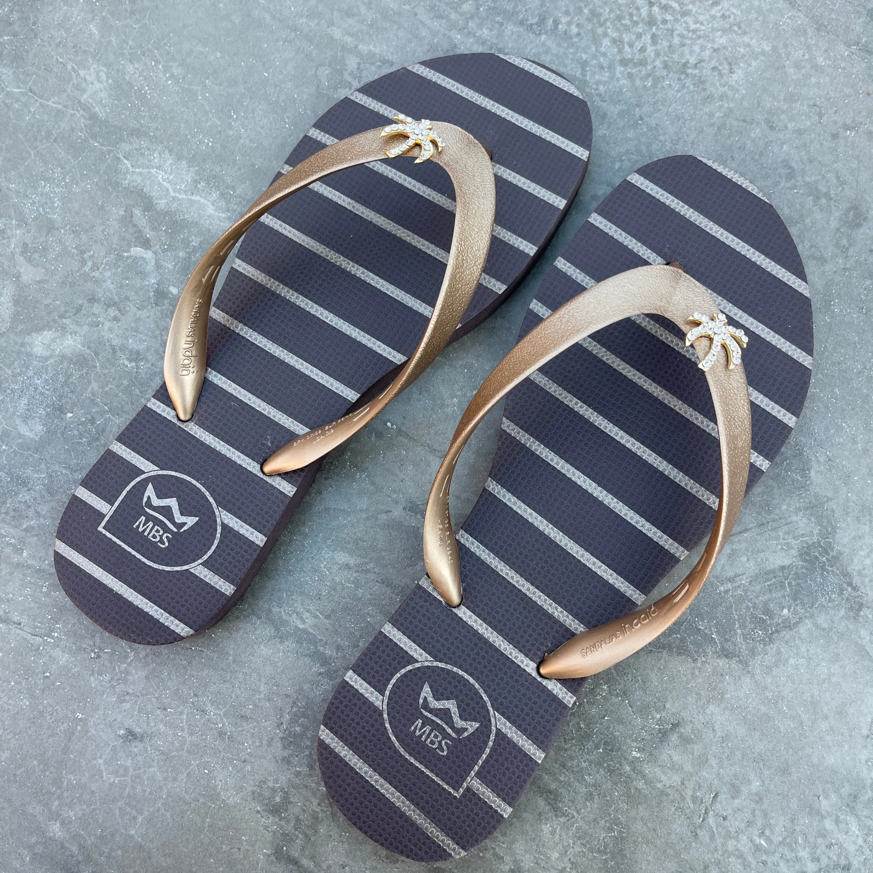 Natural Rubber Flip Flops Brown Gold Palm Tree