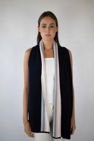 Navy Scarf with Multicoloured Trim