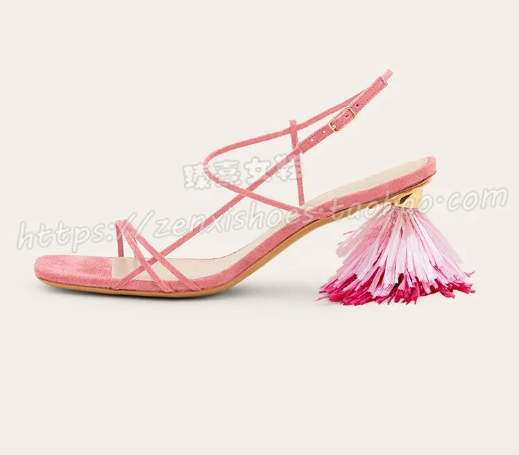 New Fashion Real Fur Ankle Strap Gladiator Sandals Women Pumps 2020 Summer Tassel Shoes Ladies Wedding Beach Sandals Sheos Woman