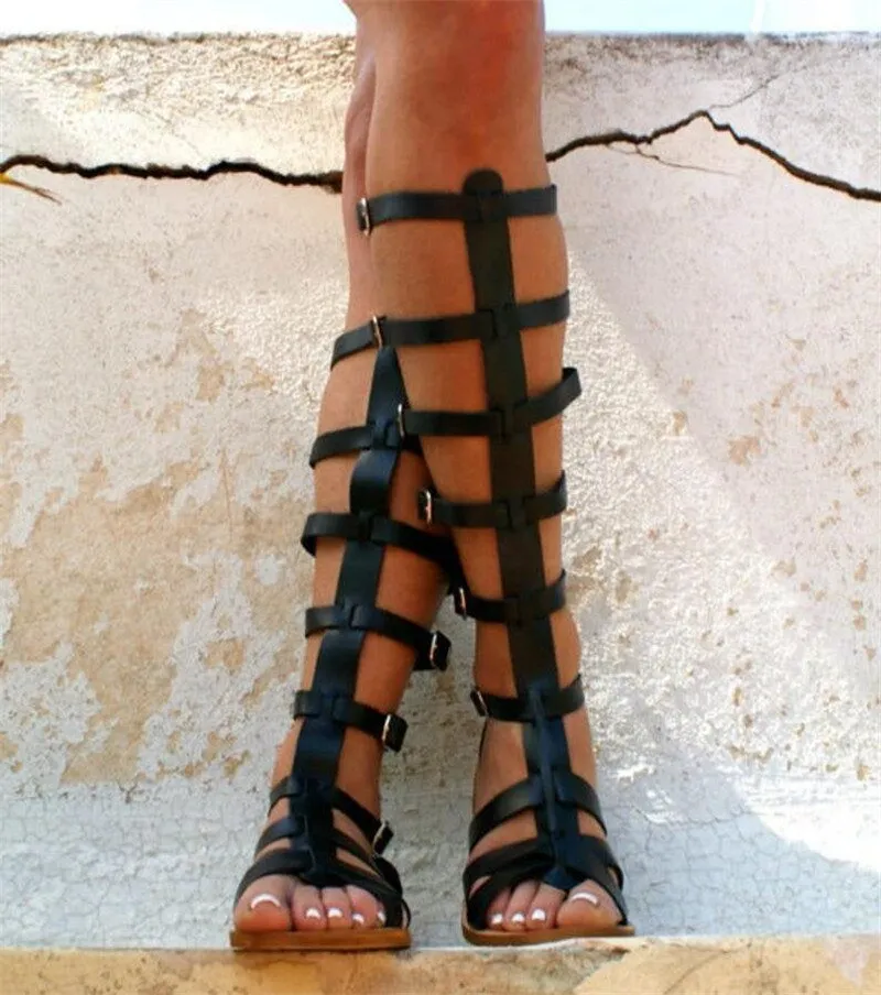 New Roman T Strap Gladiator Knee High Sandals Casual Flat Shoes