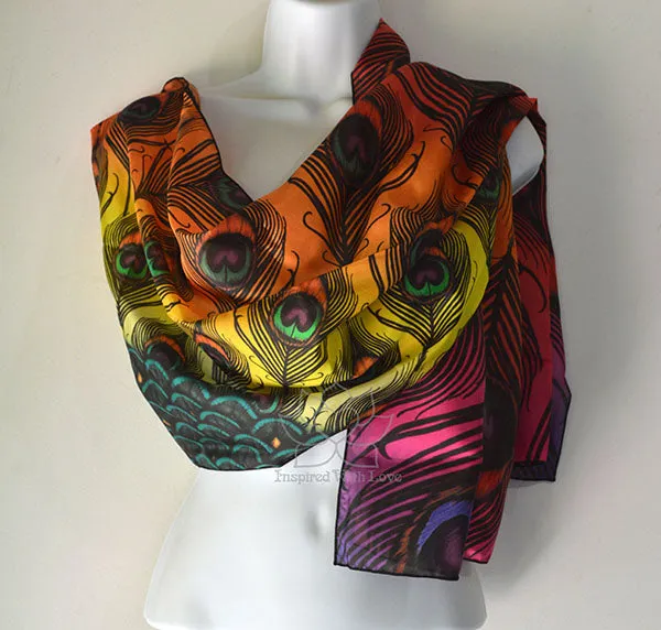 Original Sunset Peacock Feather Fan Design Printed Scarf
