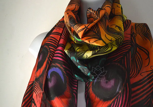 Original Sunset Peacock Feather Fan Design Printed Scarf