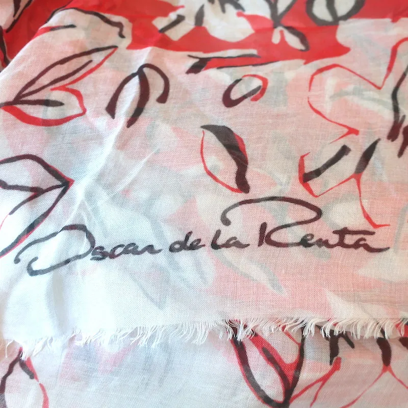 Oscar de la Renta Shawl Scarf Red/White Floral Print Gauze