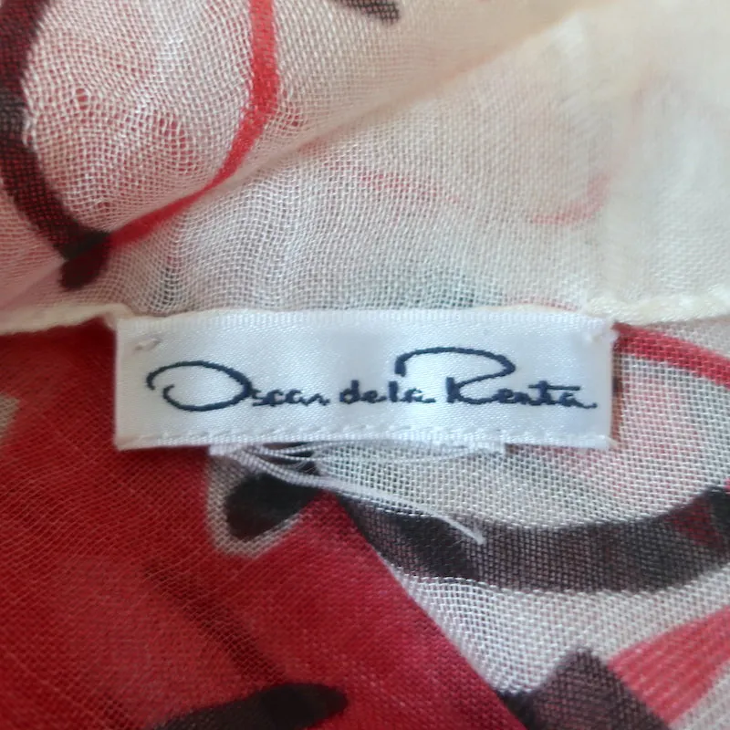 Oscar de la Renta Shawl Scarf Red/White Floral Print Gauze