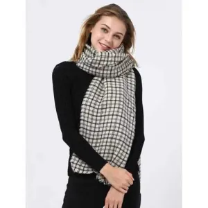 Outdoor Small Plaid Pattern Fringed Edge Scarf - White
